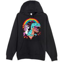 Unicorn Riding T Rex Rainbow Synthwave Dinosaur Gift Premium Pullover Hoodie