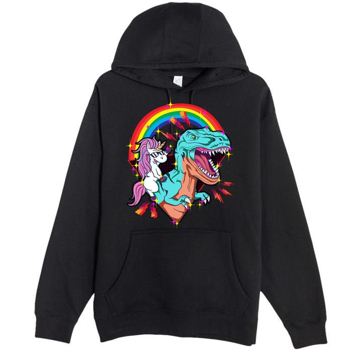 Unicorn Riding T Rex Rainbow Synthwave Dinosaur Gift Premium Pullover Hoodie