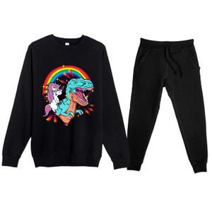 Unicorn Riding T Rex Rainbow Synthwave Dinosaur Gift Premium Crewneck Sweatsuit Set