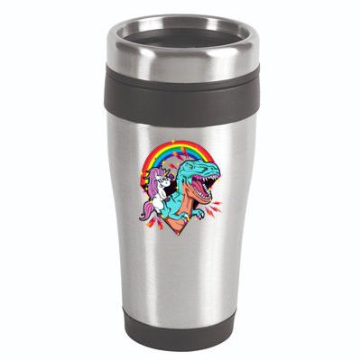 Unicorn Riding T Rex Rainbow Synthwave Dinosaur Gift 16oz Travel Tumbler