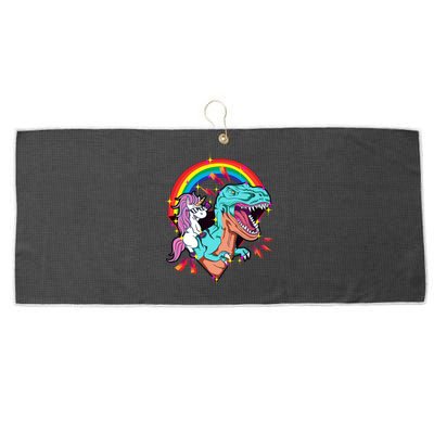 Unicorn Riding T Rex Rainbow Synthwave Dinosaur Gift Large Microfiber Waffle Golf Towel