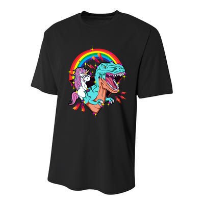 Unicorn Riding T Rex Rainbow Synthwave Dinosaur Gift Youth Performance Sprint T-Shirt