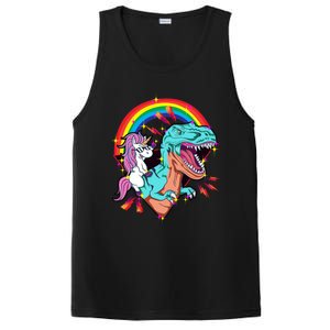 Unicorn Riding T Rex Rainbow Synthwave Dinosaur Gift PosiCharge Competitor Tank