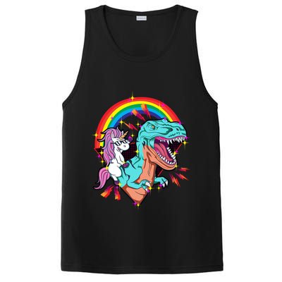 Unicorn Riding T Rex Rainbow Synthwave Dinosaur Gift PosiCharge Competitor Tank