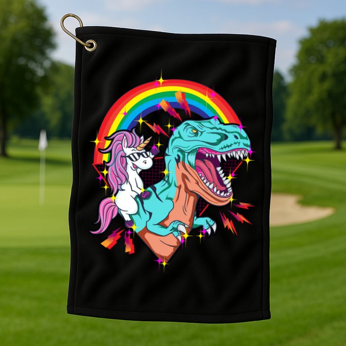 Unicorn Riding T Rex Rainbow Synthwave Dinosaur Gift Golf Towel