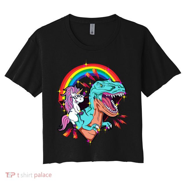 Unicorn Riding T Rex Rainbow Synthwave Dinosaur Gift Crop Top
