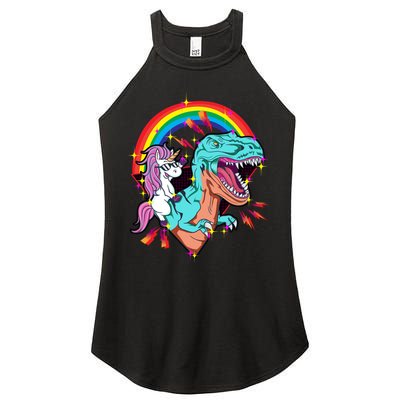 Unicorn Riding T Rex Rainbow Synthwave Dinosaur Gift Women's Perfect Tri Rocker Tank