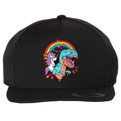 Unicorn Riding T Rex Rainbow Synthwave Dinosaur Gift Wool Snapback Cap