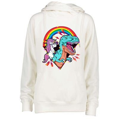 Unicorn Riding T Rex Rainbow Synthwave Dinosaur Gift Womens Funnel Neck Pullover Hood