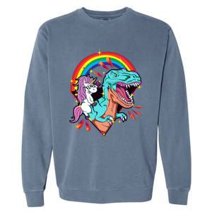 Unicorn Riding T Rex Rainbow Synthwave Dinosaur Gift Garment-Dyed Sweatshirt