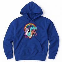Unicorn Riding T Rex Rainbow Synthwave Dinosaur Gift Hoodie