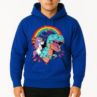 Unicorn Riding T Rex Rainbow Synthwave Dinosaur Gift Hoodie