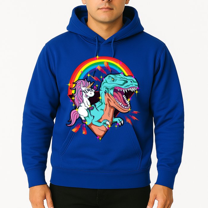 Unicorn Riding T Rex Rainbow Synthwave Dinosaur Gift Hoodie