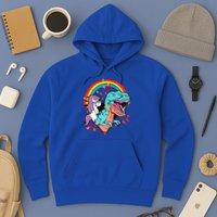 Unicorn Riding T Rex Rainbow Synthwave Dinosaur Gift Hoodie