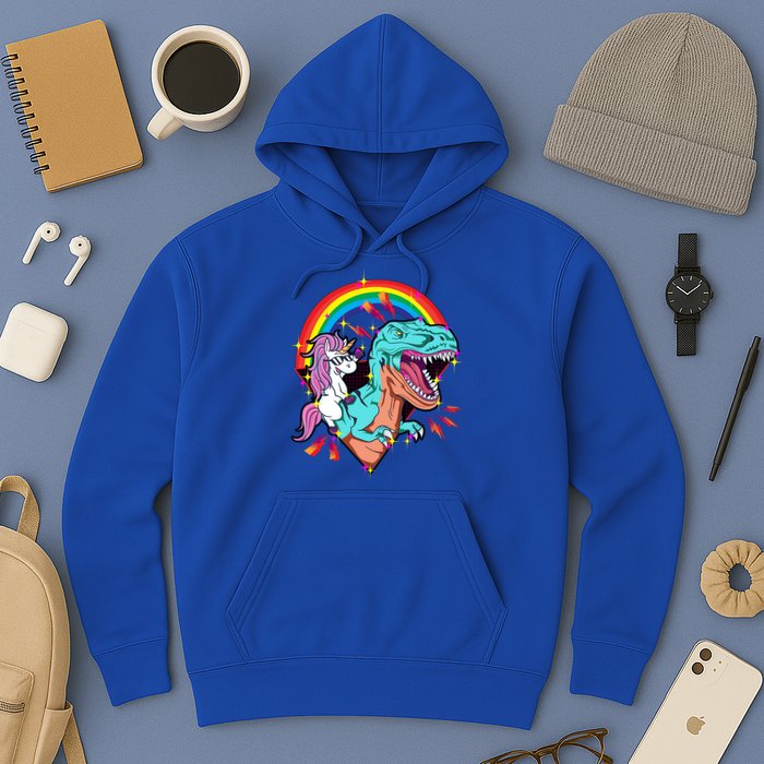 Unicorn Riding T Rex Rainbow Synthwave Dinosaur Gift Hoodie