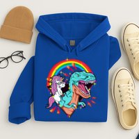 Unicorn Riding T Rex Rainbow Synthwave Dinosaur Gift Hoodie
