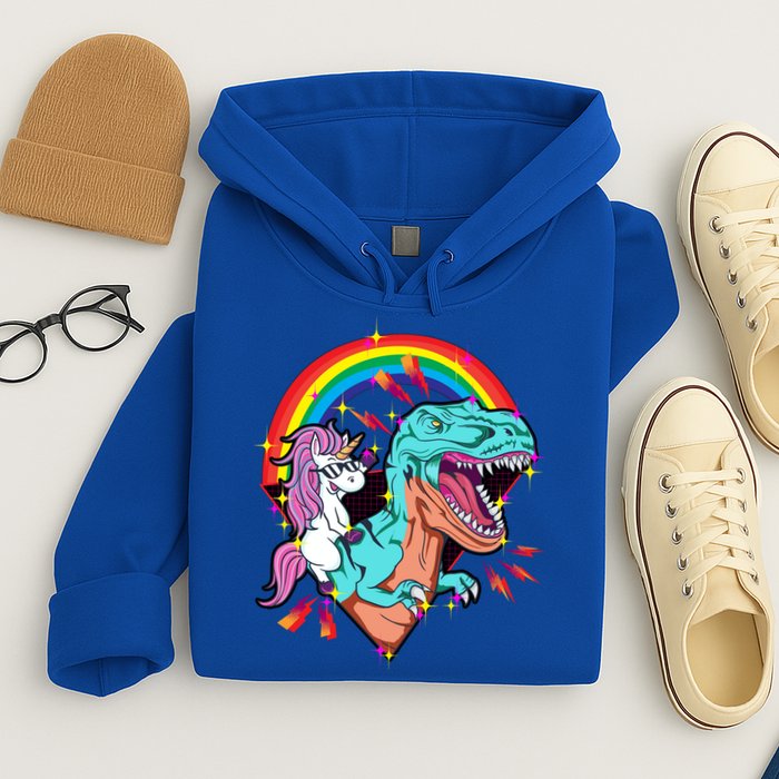 Unicorn Riding T Rex Rainbow Synthwave Dinosaur Gift Hoodie