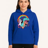 Unicorn Riding T Rex Rainbow Synthwave Dinosaur Gift Hoodie