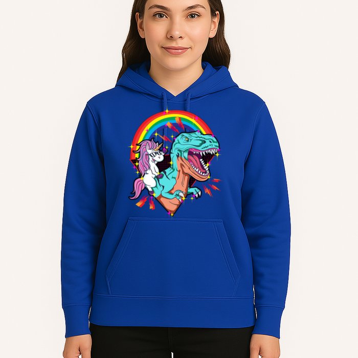 Unicorn Riding T Rex Rainbow Synthwave Dinosaur Gift Hoodie