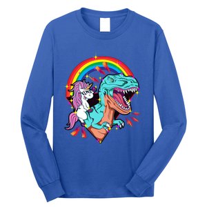 Unicorn Riding T Rex Rainbow Synthwave Dinosaur Gift Long Sleeve Shirt