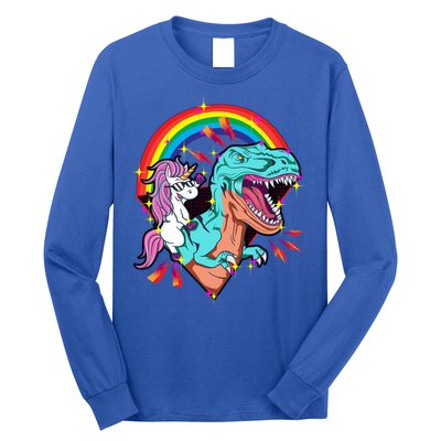 Unicorn Riding T Rex Rainbow Synthwave Dinosaur Gift Long Sleeve Shirt