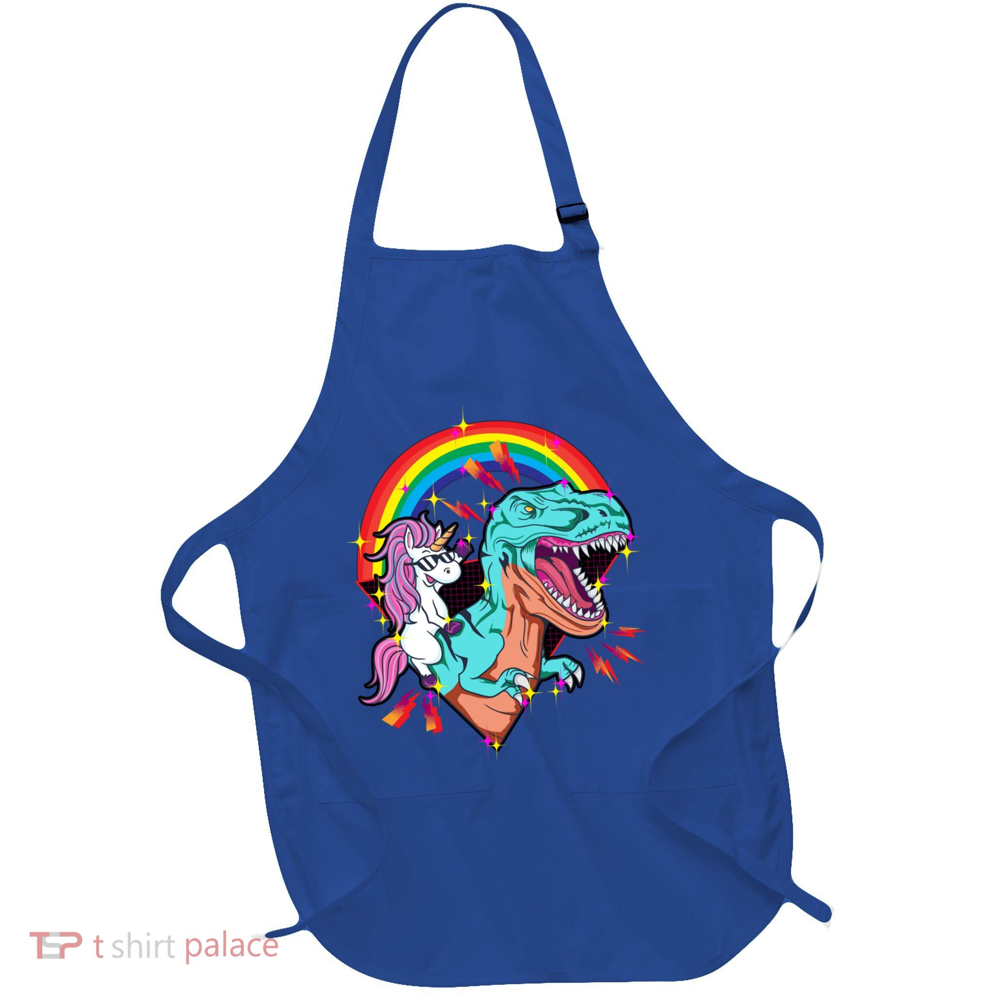 Unicorn Riding T Rex Rainbow Synthwave Dinosaur Gift Apron