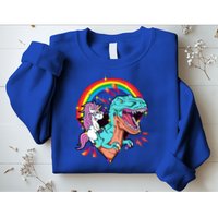 Unicorn Riding T Rex Rainbow Synthwave Dinosaur Gift Sweatshirt