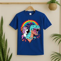Unicorn Riding T Rex Rainbow Synthwave Dinosaur Gift T-Shirt