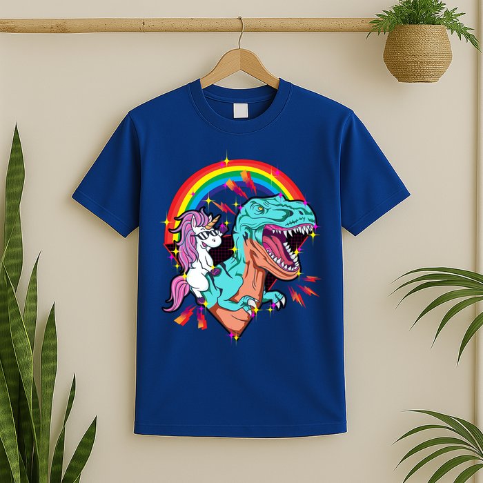 Unicorn Riding T Rex Rainbow Synthwave Dinosaur Gift T-Shirt