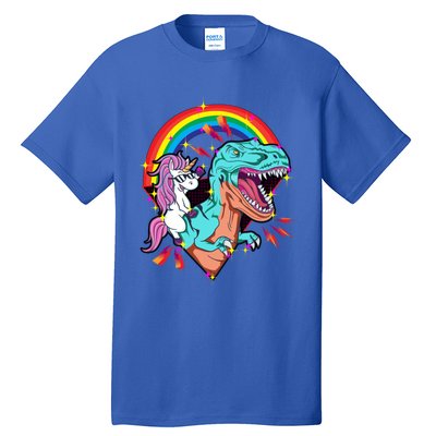 Unicorn Riding T Rex Rainbow Synthwave Dinosaur Gift Tall T-Shirt