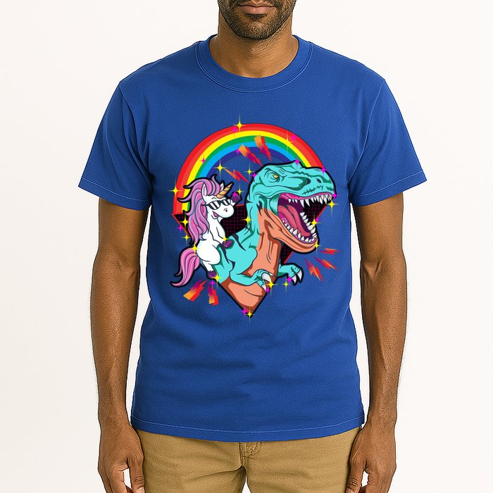 Unicorn Riding T Rex Rainbow Synthwave Dinosaur Gift Tall T-Shirt