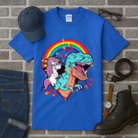 Unicorn Riding T Rex Rainbow Synthwave Dinosaur Gift Tall T-Shirt