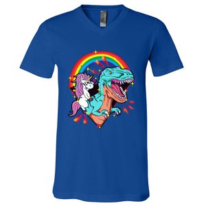 Unicorn Riding T Rex Rainbow Synthwave Dinosaur Gift V-Neck T-Shirt