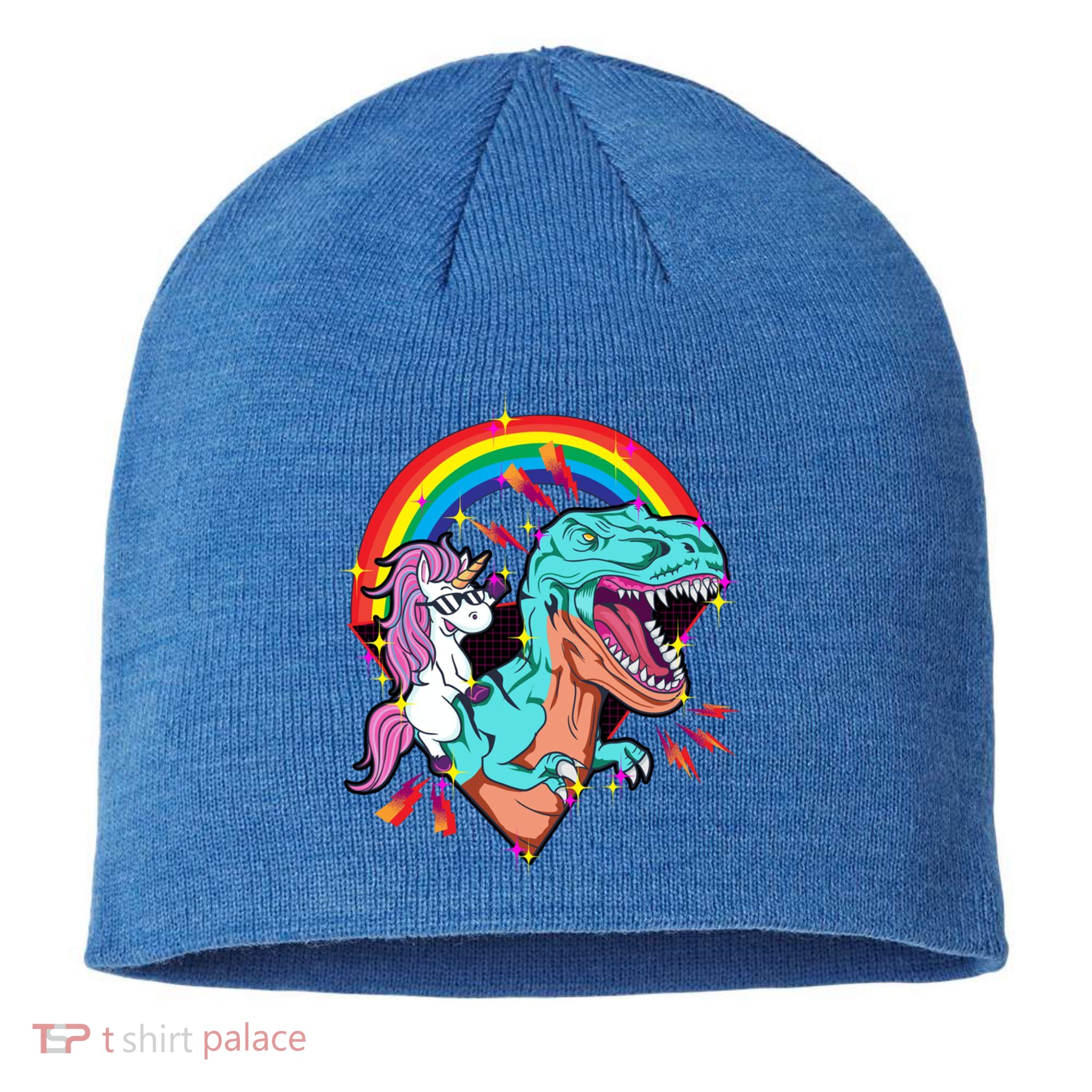 Unicorn Riding T Rex Rainbow Synthwave Dinosaur Gift Sustainable Beanie