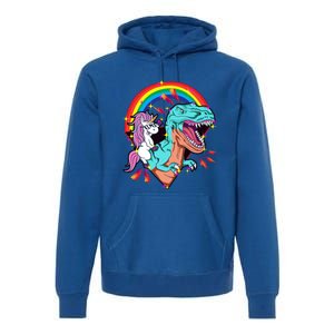 Unicorn Riding T Rex Rainbow Synthwave Dinosaur Gift Premium Hoodie