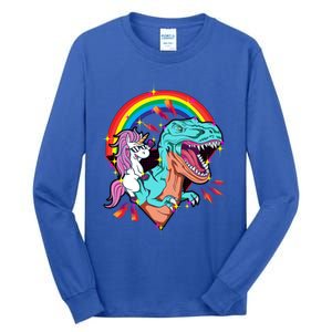 Unicorn Riding T Rex Rainbow Synthwave Dinosaur Gift Tall Long Sleeve T-Shirt