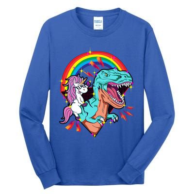 Unicorn Riding T Rex Rainbow Synthwave Dinosaur Gift Tall Long Sleeve T-Shirt