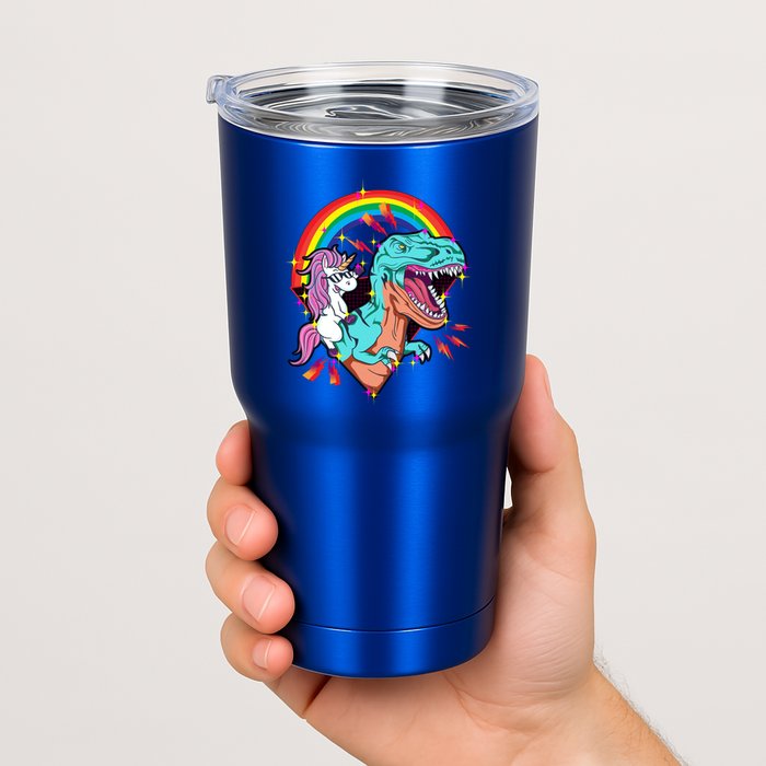 Unicorn Riding T Rex Rainbow Synthwave Dinosaur Gift Tumbler