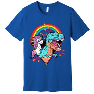 Unicorn Riding T Rex Rainbow Synthwave Dinosaur Gift Premium T-Shirt