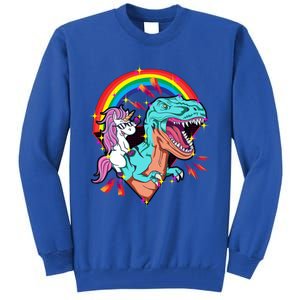 Unicorn Riding T Rex Rainbow Synthwave Dinosaur Gift Tall Sweatshirt