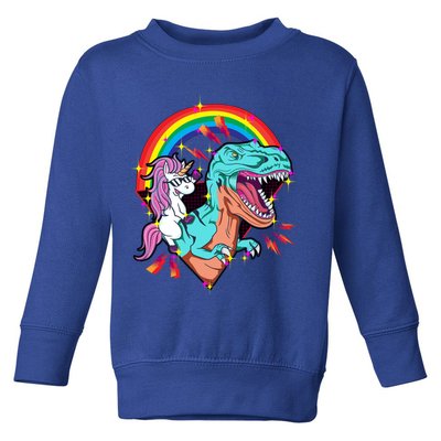 Unicorn Riding T Rex Rainbow Synthwave Dinosaur Gift Toddler Sweatshirt