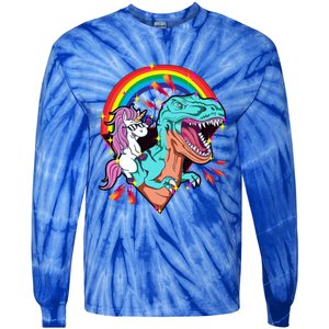 Unicorn Riding T Rex Rainbow Synthwave Dinosaur Gift Tie-Dye Long Sleeve Shirt