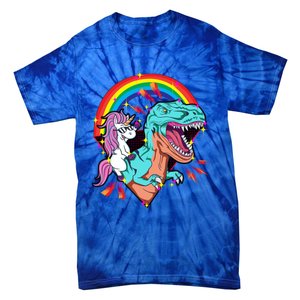 Unicorn Riding T Rex Rainbow Synthwave Dinosaur Gift Tie-Dye T-Shirt