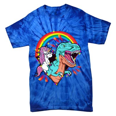 Unicorn Riding T Rex Rainbow Synthwave Dinosaur Gift Tie-Dye T-Shirt