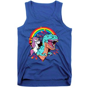 Unicorn Riding T Rex Rainbow Synthwave Dinosaur Gift Tank Top