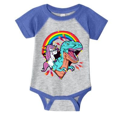 Unicorn Riding T Rex Rainbow Synthwave Dinosaur Gift Infant Baby Jersey Bodysuit