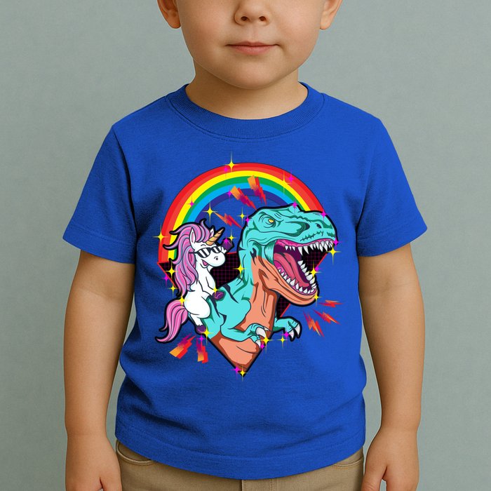 Unicorn Riding T Rex Rainbow Synthwave Dinosaur Gift Toddler T-Shirt