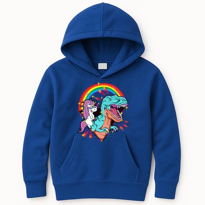 Unicorn Riding T Rex Rainbow Synthwave Dinosaur Gift Kids Hoodie