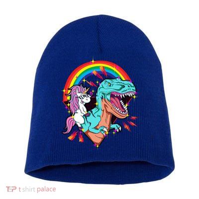Unicorn Riding T Rex Rainbow Synthwave Dinosaur Gift Short Acrylic Beanie