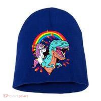 Unicorn Riding T Rex Rainbow Synthwave Dinosaur Gift Short Acrylic Beanie